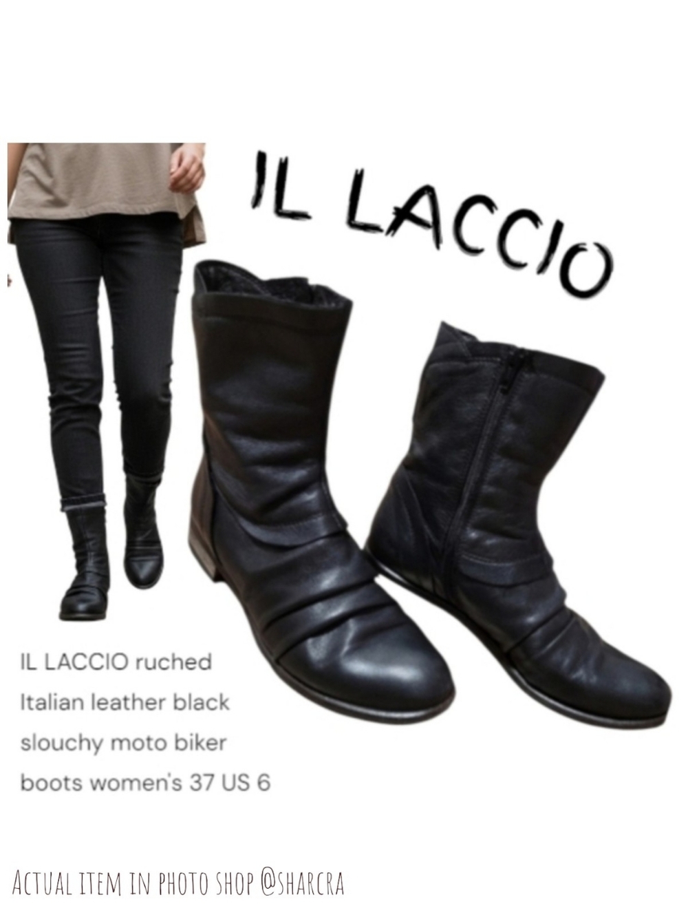 IL LACCIO Women's ruched Italian leather black slouchy moto biker boots 37 US 6